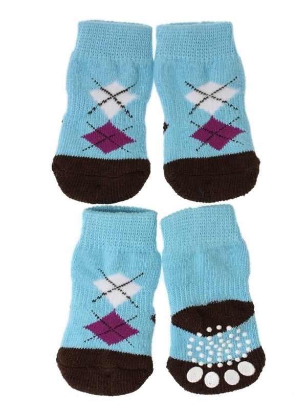 Blue/Black Argyle - Hundesokker med antiskli