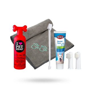 Spasett Med Trixie Grå Mikrofiberhåndkle, Tannpleiesett & Pet Head Beroligende Sjampo 475 Ml