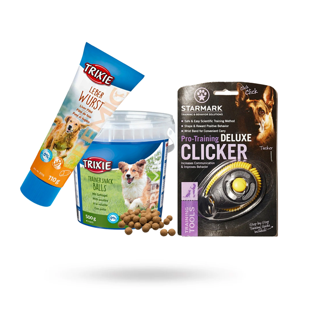 SETT MED STARMARK KLICKER DELUXE, TRIXIE LEVERPATÉ TUBE 110G & SNACK BALLS FUGL 500G