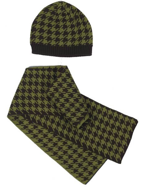 ESC Oxford Houndstooth Hat and Scarf Matchende Sett - Grønn/Brun