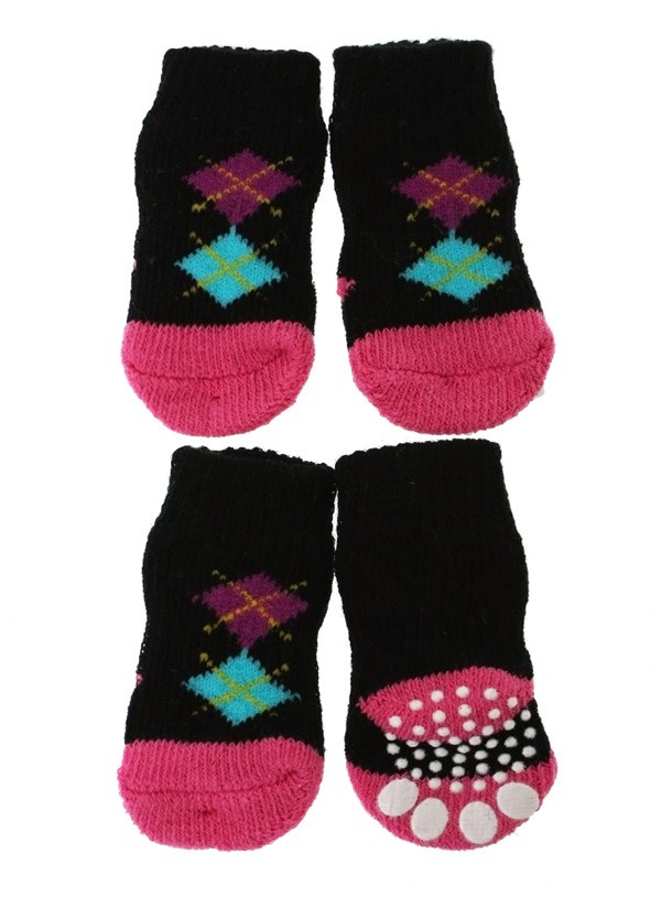 Black/Pink Argyle - Hundesokker med antiskli