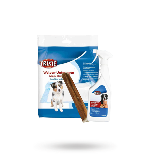 Valpesett med matte, urinflekkfjerner og tyggebein